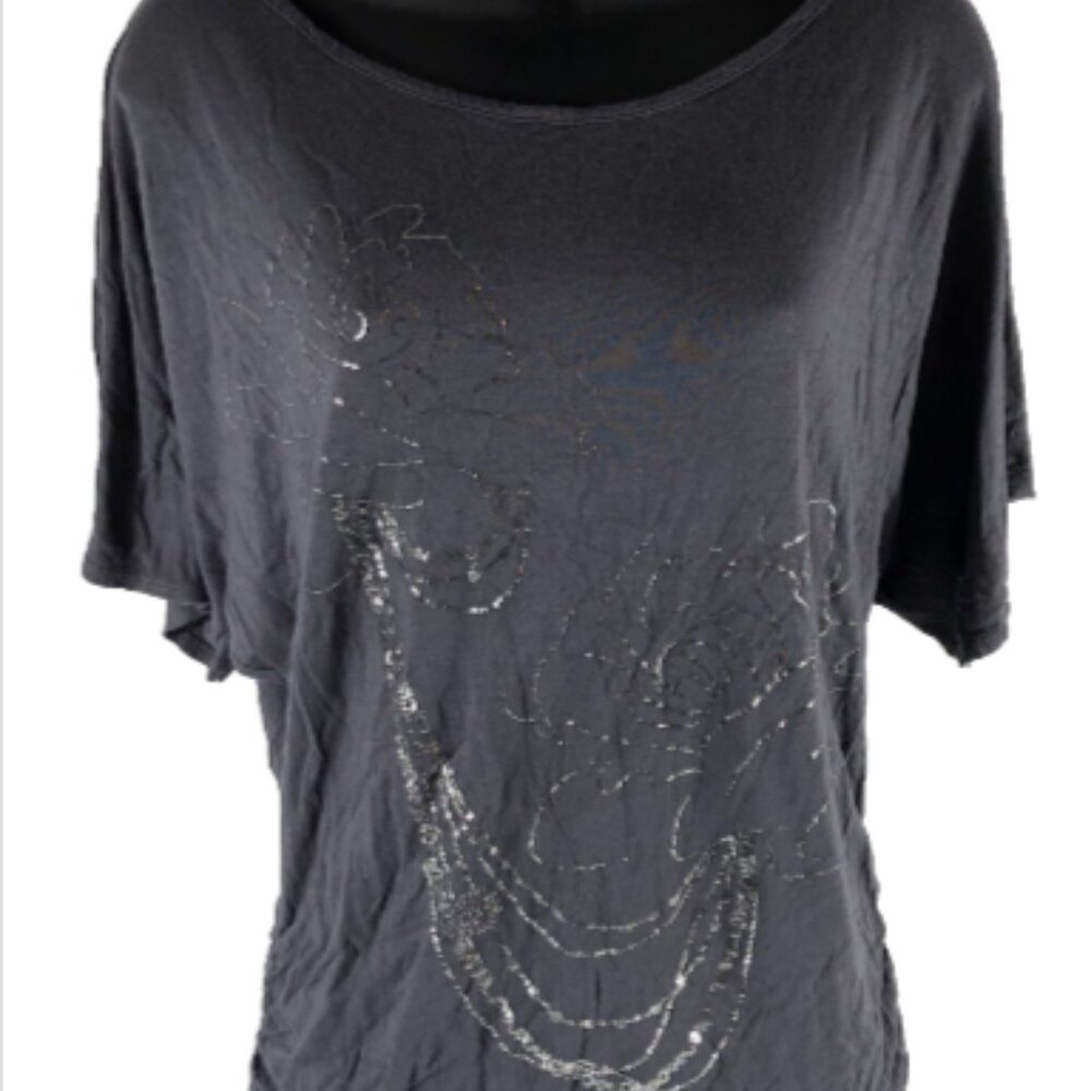 Ecstasy Ladies Medium Grey Sequin Short Sleeve Soft stretch round neck Blouse